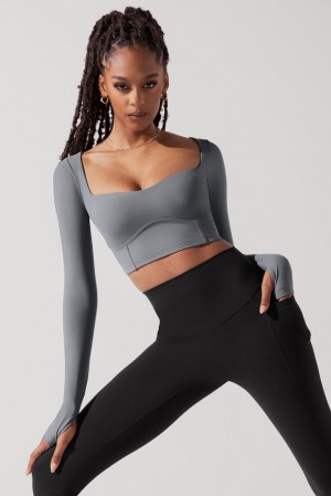 POPFLEX Sweetheart Long Sleeve Crop Top Grau | 69QEBFHWY