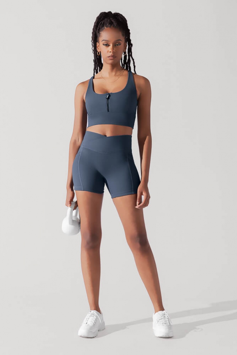 POPFLEX Energy Half Zip Crop Top (Gerippt) Navy | 95KDWMVQX