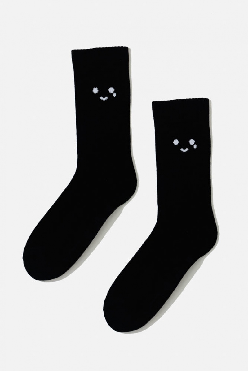 POPFLEX Happy Cry Face Mid-Calf Gym Socks Schwarz | 85LXJMOWQ