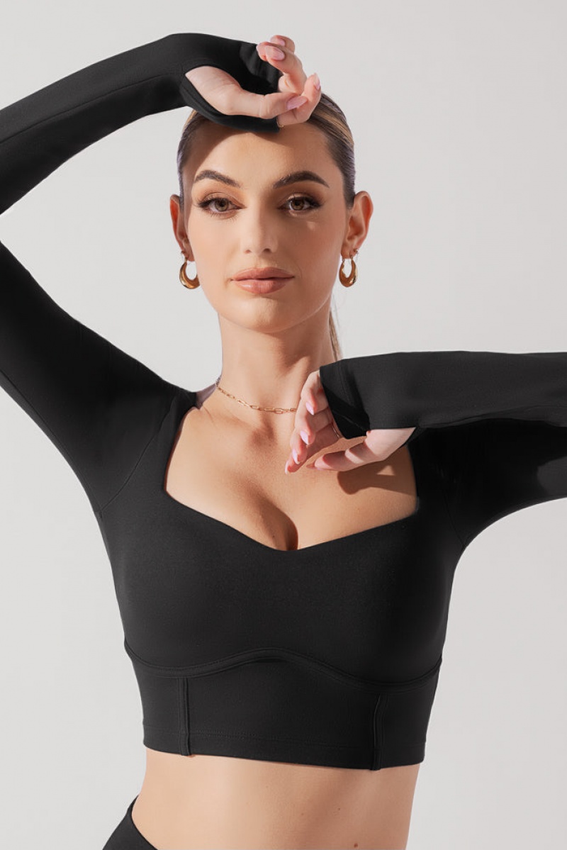 POPFLEX Sweetheart Long Sleeve Crop Top Schwarz | 41KHIXPVO