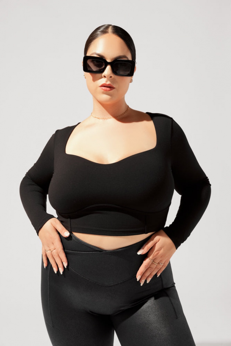 POPFLEX Sweetheart Long Sleeve Crop Top Schwarz | 41KHIXPVO