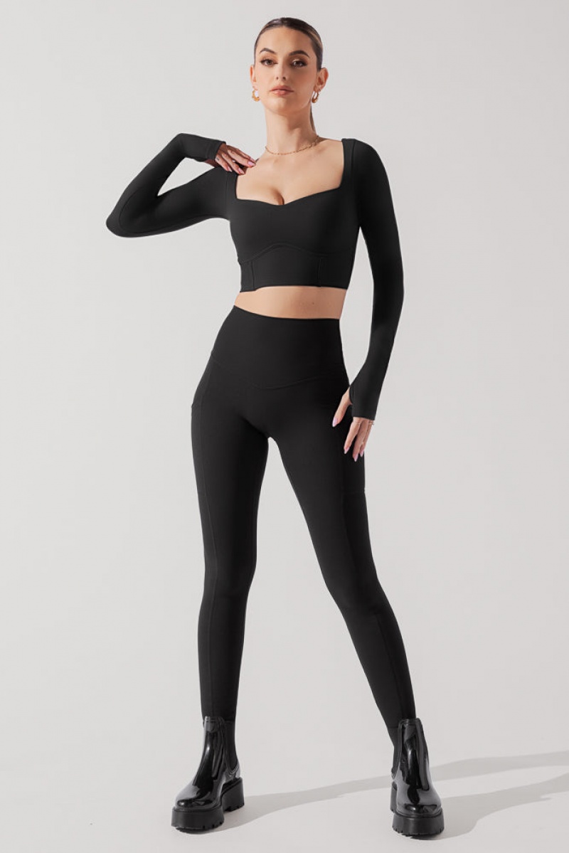 POPFLEX Sweetheart Long Sleeve Crop Top Schwarz | 41KHIXPVO