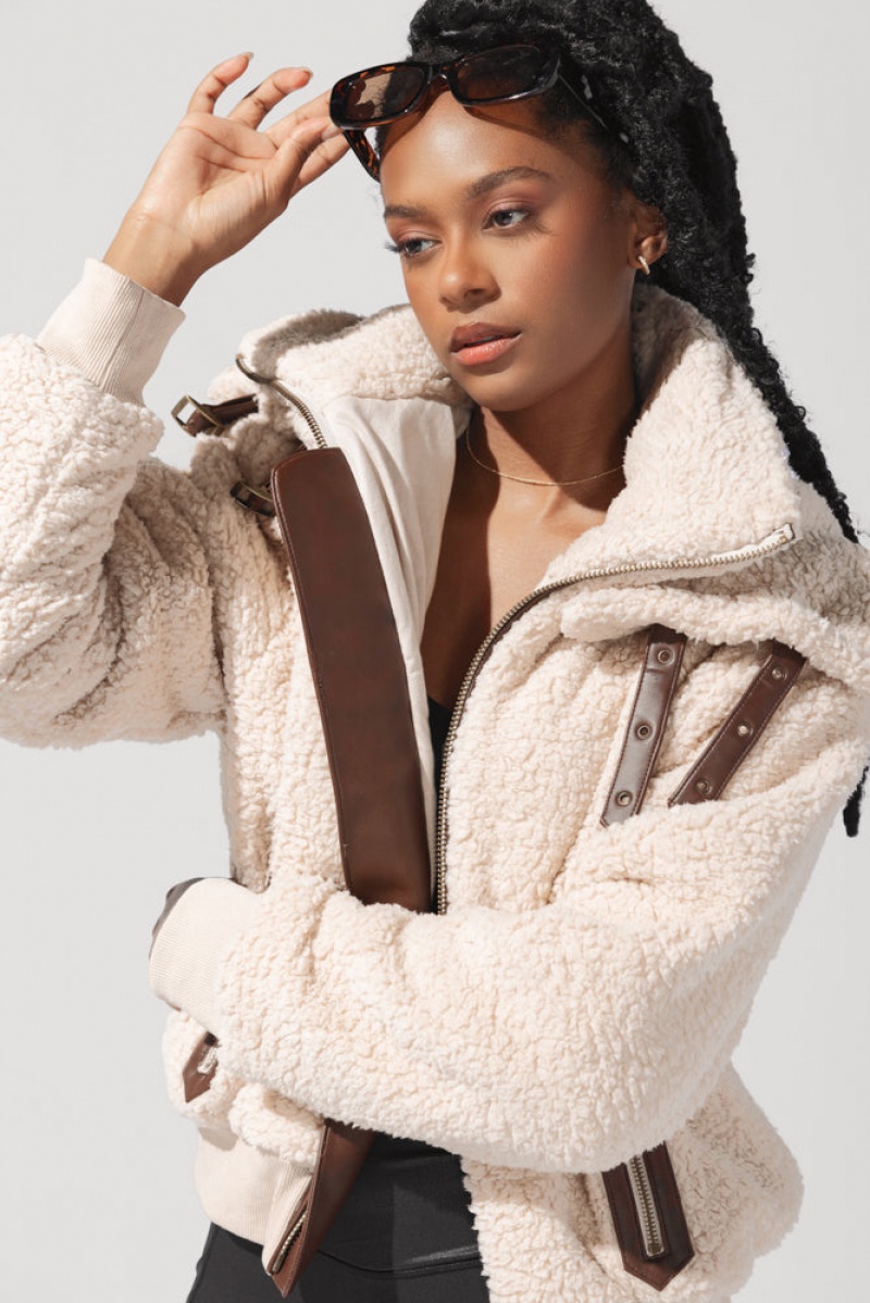 POPFLEX The Kinsley Bomber Jacket in Faux Sherpa Taupe | 61AWEUOZN