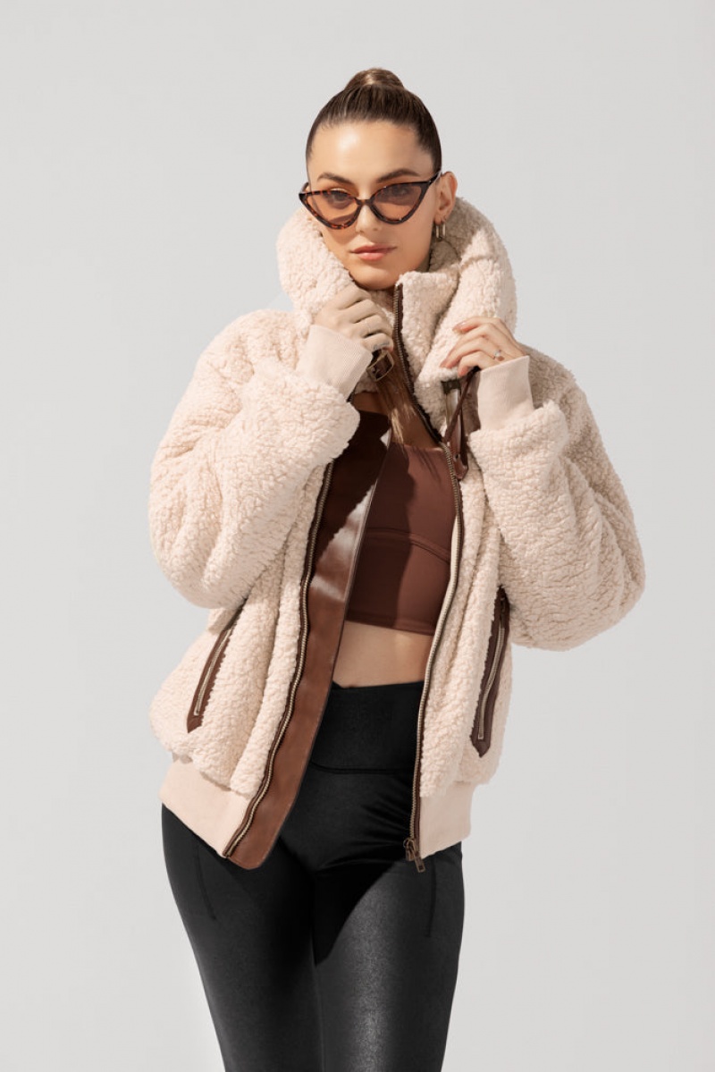 POPFLEX The Kinsley Bomber Jacket in Faux Sherpa Taupe | 61AWEUOZN