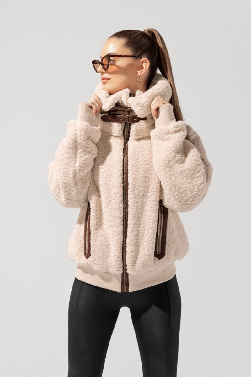 POPFLEX The Kinsley Bomber Jacket in Faux Sherpa Taupe | 61AWEUOZN